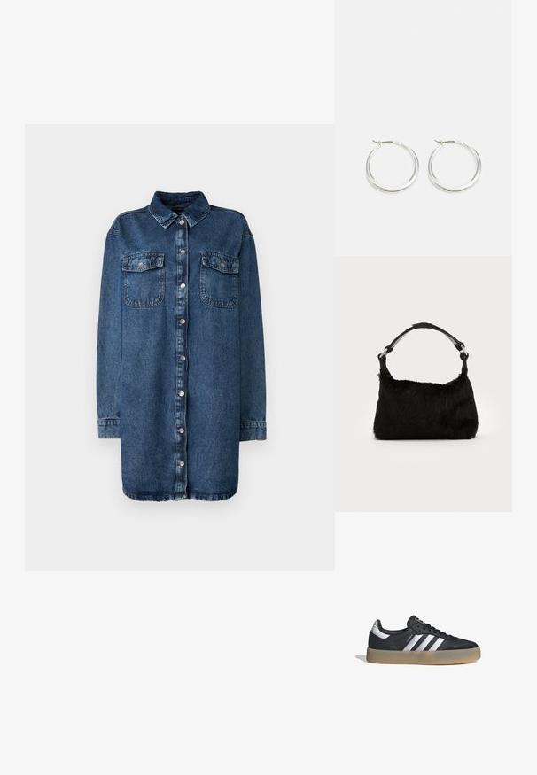Camisa de denim en azul oscuro, con cuello, cierre frontal de botones, dos bolsillos en el pecho y mangas largas con puños abotonados.; Zapatilla deportiva de cuero negro con tres rayas plateadas, punta texturizada y suela de goma. Cuenta con un collar acolchado y un diseño con cordones.; Bolso de mano de piel sintética negra con una textura suave, forma redondeada y una resistente correa de cuero negro para el hombro. Acentos de herrajes plateados visibles.; Los pendientes de aro de plata presentan un diseño suave y redondeado con un perfil delgado y un cierre seguro. Estilo minimalista con un acabado pulido.