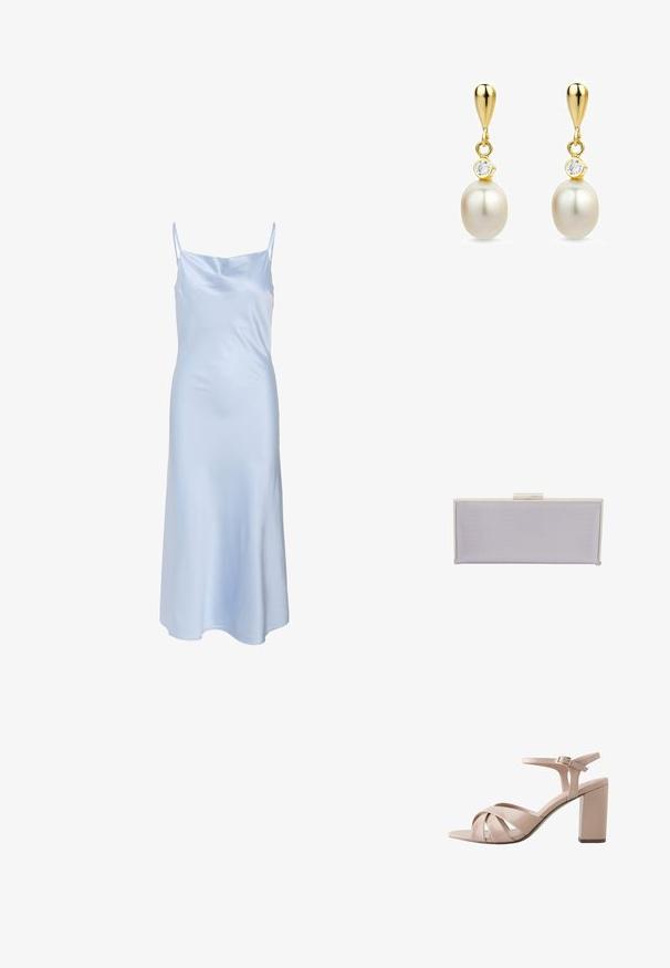Vestido de satén azul claro con tirantes finos, textura suave y un dobladillo ligeramente acampanado. Diseño sencillo sin patrones o acentos visibles.; Sandalia de charol beige con punta abierta, tiras cruzadas en la parte delantera, correa en el tobillo con hebilla y tacón alto grueso.; Clutch rectangular de lavanda hecho de material texturizado con bordes lisos. Presenta un cierre de clasp plateado en la parte superior.; Pendientes de gota de oro con perlas blancas y pequeñas piedras preciosas claras sobre cada perla, mostrados sobre un fondo blanco.