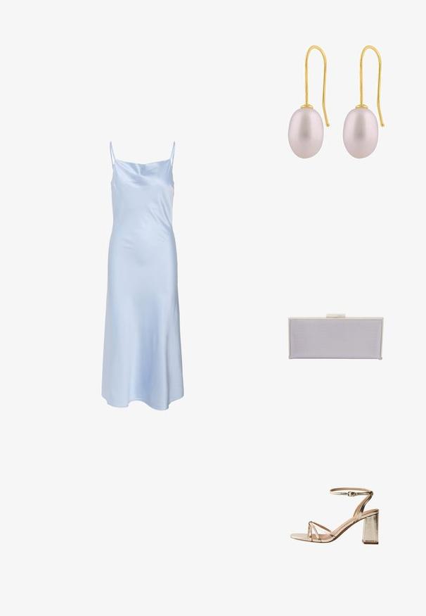 Vestido de satén azul claro con tirantes finos, textura suave y un dobladillo ligeramente acampanado. Diseño sencillo sin patrones o acentos visibles.; Sandalia con tacón de bloque metálico dorado, con delgadas tiras sobre los dedos y correa ajustable en el tobillo con hebilla.; Clutch rectangular de lavanda hecho de material texturizado con bordes lisos. Presenta un cierre de clasp plateado en la parte superior.; Pendientes de gancho en tono dorado con perlas lisas de forma ovalada en color lavanda, con un brillo suave y un diseño minimalista.