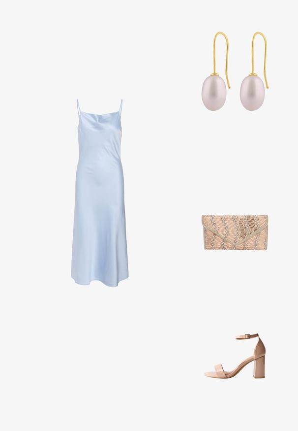 Helles blaues Satinkleid mit dünnen Trägern, glatter Textur und leicht ausgestelltem Saum. Einfaches Design ohne sichtbare Muster oder Akzente.; Nude patentleder High Heel Sandale mit quadratischer offener Spitze, Knöchelriemen mit Schnalle und einem stabilen Blockabsatz.; Clutch-Tasche in sanftem Rosa mit Wellenmuster. Verziert mit Perlenakzenten und metallic schimmernden Details. Aus strukturierten Materialien gefertigt, mit einem sicheren Klappenverschluss.; Goldfarbene Hängeohrringe mit ovalförmigen, glatten Lavendelfarbenen Perlen mit sanftem Glanz und minimalistischem Design.
