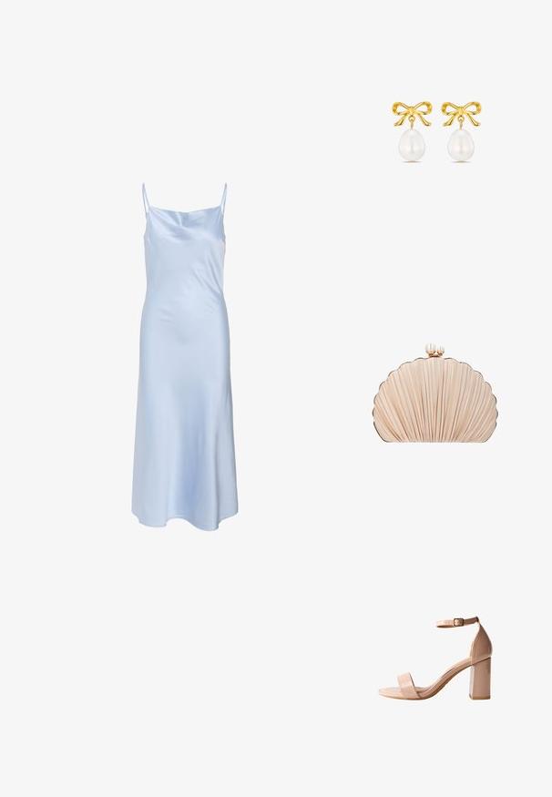 Helles blaues Satinkleid mit dünnen Trägern, glatter Textur und leicht ausgestelltem Saum. Einfaches Design ohne sichtbare Muster oder Akzente.; Nude patentleder High Heel Sandale mit quadratischer offener Spitze, Knöchelriemen mit Schnalle und einem stabilen Blockabsatz.; Clutch-Tasche in Form einer Muschel mit plissiertem beigefarbenem Stoff und zwei perlenähnlichen Perlen als Verschluss oben.; Goldfarbene Ohrringe mit einem Schleifendesign und einer hängenden weißen Perle. Die Perlen haben eine Tropfenform und eine glatte Oberfläche.