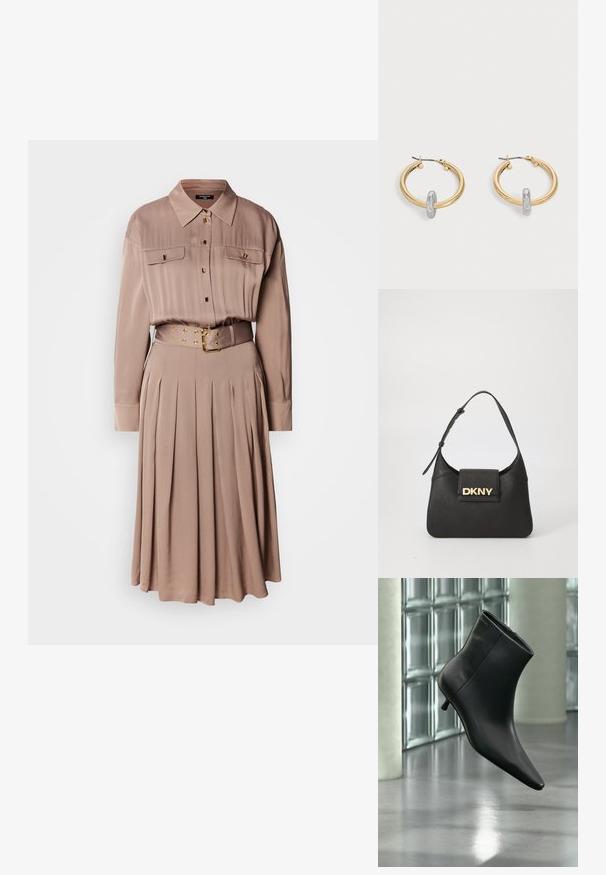 Vestido camisero de manga larga en una suave tela color beige, con dos bolsillos en el pecho, cierre de botones en la parte delantera, falda plisada y un cinturón a juego con herrajes dorados.; Botín negro de cuero con punta puntiaguda y tacón bajo estilo kitten, mostrado en ángulo sobre un suelo pulido y con una pared de bloques de vidrio de fondo.; Bolso de hombro de cuero negro con una forma estructurada, que presenta un logo dorado "DKNY" en el frente y una correa corta y ajustable.; Par de pendientes de aro en tono dorado con pequeño detalle de aro en tono plateado en cada uno, expuestos sobre un fondo gris claro.