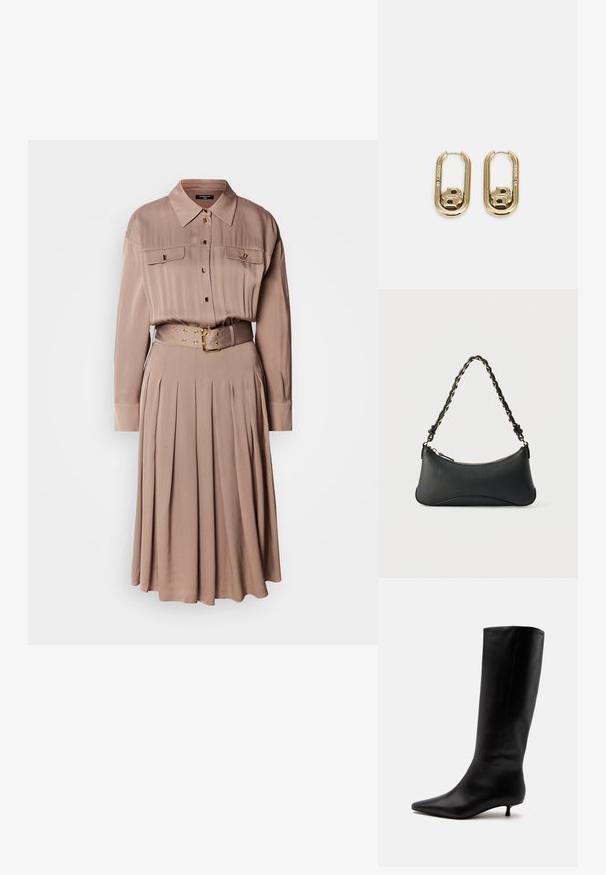 Robe chemise à manches longues en tissu beige doux, dotée de deux poches poitrine, d'une fermeture à boutons, d'une jupe plissée et d'une ceinture assortie avec des accessoires en doré.; Botte noire en cuir jusqu'au genou avec bout pointu et petit talon kitten sur un fond clair uni.; Sac à bandoulière en cuir noir de forme rectangulaire incurvée, avec une chaîne dorée tissée dans la bandoulière noire tressée et une fermeture éclair sur le dessus.; BOSS DOUBLE B SWING - Boucles d'oreilles - gold-coloured