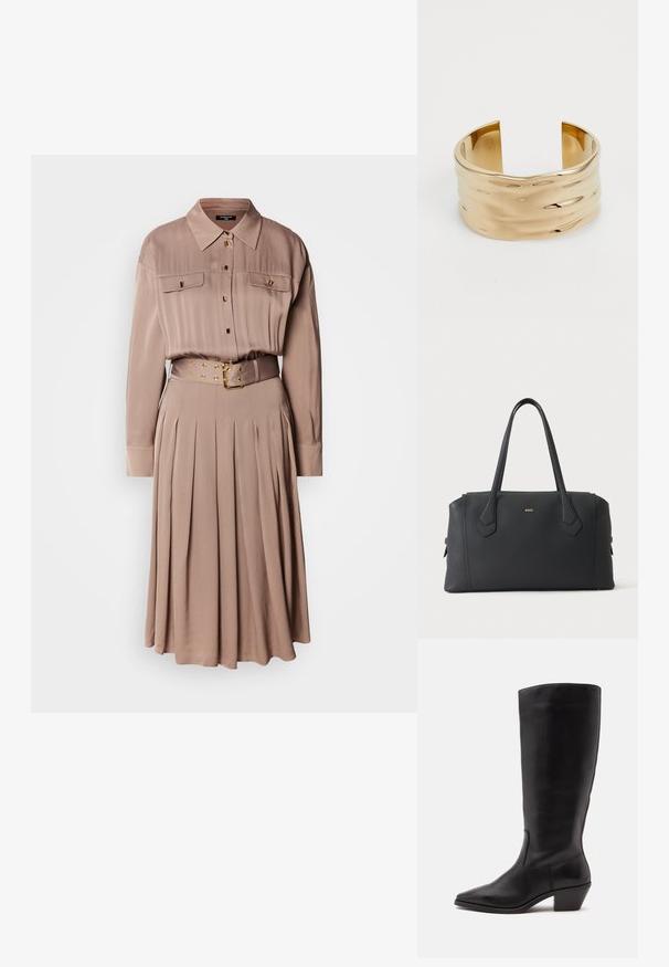 Vestido camisero de manga larga en una suave tela color beige, con dos bolsillos en el pecho, cierre de botones en la parte delantera, falda plisada y un cinturón a juego con herrajes dorados.; Bota de cuero negra hasta la mitad de la pantorrilla con puntera puntiaguda y tacón bajo inclinado sobre un fondo claro y liso.; Bolso de mano negro de cuero con dos asas largas y pequeño logo dorado "BOSS" centrado en la parte delantera sobre un fondo blanco.; Pulsera de muñeca de oro con un diseño ondulado, textura suave y extremos abiertos. La superficie reflectante presenta suaves curvas y sutiles reflejos de luz.