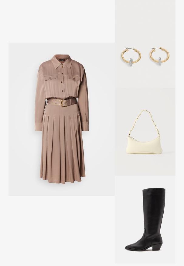 Robe chemise à manches longues en tissu beige doux, dotée de deux poches poitrine, d'une fermeture à boutons, d'une jupe plissée et d'une ceinture assortie avec des accessoires en doré.; Botte en cuir noire mi-mollet avec un bout pointu et un talon bas incliné sur un fond clair uni.; Petit sac à main couleur crème avec une forme incurvée et une poignée en chaîne torsadée ton or, fermeture éclair sur le dessus; Paire de boucles d'oreilles créoles dorées avec un petit détail boucle ton argent sur chaque, exposées sur fond gris clair.