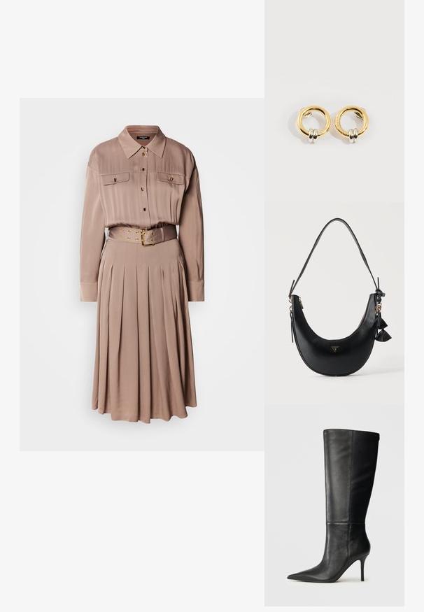 Vestido camisero de manga larga en una suave tela color beige, con dos bolsillos en el pecho, cierre de botones en la parte delantera, falda plisada y un cinturón a juego con herrajes dorados.; Bota de cuero negro hasta la rodilla con puntera afilada y tacón de aguja delgado, textura suave, perfil lateral sobre fondo neutro.; Bolso bandolera negro con forma de media luna con superficie texturizada, cremallera dorada, charm con borla y pequeño logotipo triangular de Guess en el centro delantero.; Pendientes circulares de oro con dos pequeños anillos de plata en cada uno, que muestran detalles sutiles del nombre de la marca grabado, colocados sobre un fondo blanco.