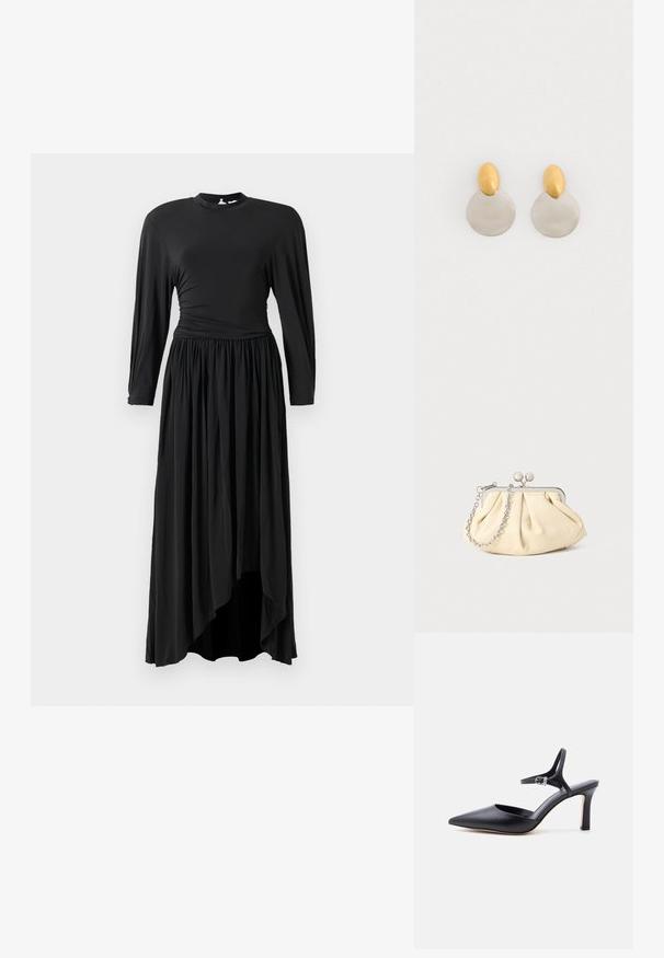 Langes schwarzes Kleid aus weichem Stoff, mit langen Ärmeln, einem gerafften Taillengriff und einem asymmetrischen Saum für eine fließende Silhouette.; Schwarzer spitzer High Heel mit dünnem Knöchelriemen und silberner Schnalle, glatte Lederoberfläche, eleganter Damenschuh.; Faltige beigefarbene Ledertasche mit einem silbernen Metallrahmen, ausgestattet mit zwei runden dekorativen Verschlüssen und einem silbernen Kettenriemen.; Ohrringe aus Gold und Silber mit einer runden Diskusbasis und einem ovalen Oberteil, glatte Textur und polierte Oberfläche.