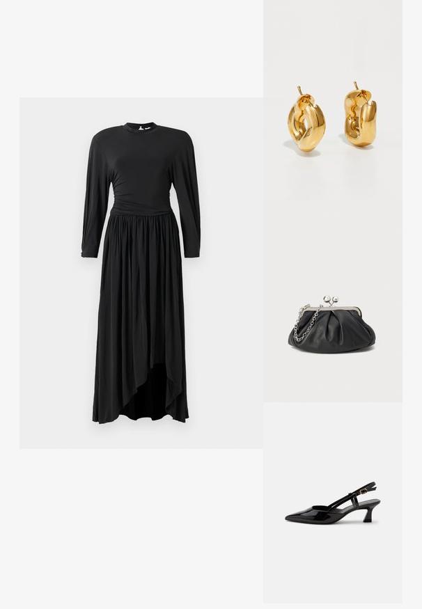 Langes schwarzes Kleid aus weichem Stoff, mit langen Ärmeln, einem gerafften Taillengriff und einem asymmetrischen Saum für eine fließende Silhouette.; Schwarzer Slingback-Pumps aus Lackleder mit spitzer Spitze und verstellbarem goldfarbenem Riemen auf weißem Hintergrund.; Schwarze Leder-Clutch mit geraffter Textur, silberfarbener Metallrahmen, Druckverschluss und Kettenriemen. Glatte, weiche Oberfläche.; Fette goldene Creolen mit einem leicht verdrehten, röhrenförmigen Design und Steckverschlüssen auf einem weißen Hintergrund.