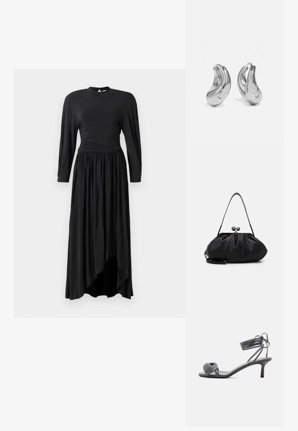 Robe longue noire en tissu doux, dotée de manches longues, d'une taille froncée et d'un ourlet asymétrique pour une silhouette fluide.; Sandale à talon en cuir gris avec une bride nouée sur les orteils et des lacets enroulants autour de la cheville, sur un talon moyen et fin, sur fond blanc.; Weekend Max Mara CUBICO - Pochette - schwarz; Boucles d'oreilles en argent en forme de créoles avec une finition incurvée et brillante, et un design sans couture. Équipées d'une fermeture à charnière pour un port sécurisé.