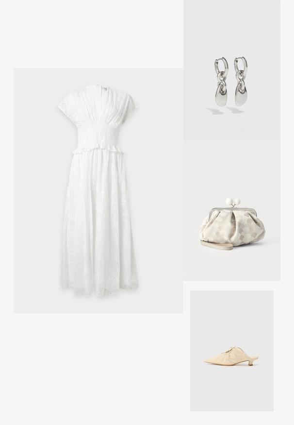 Robe midi blanche en dentelle ajourée avec manches courtes, décolleté en V profond, taille froncée et détail à volants à la taille.; Chaussure en cuir couleur crème à enfiler avec un bout pointu, des détails froncés à l'avant et un petit talon carré.; Petit sac pochette beige avec tissu texturé à pois, cadre argenté, fermoir rond blanc et bracelet de poignet amovible sur fond uni.; Boucles d'oreilles en argent avec des maillons ovales allongés, présentant une finition polie et un pendentif tombant texturé. Design simple avec des bords lisses.