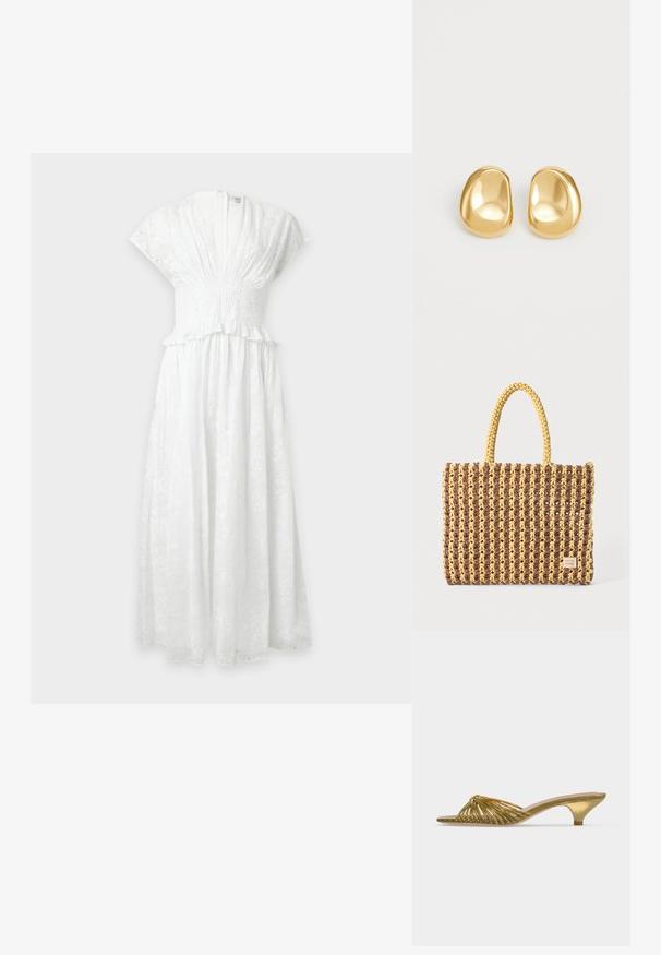 Robe midi blanche en dentelle ajourée avec manches courtes, décolleté en V profond, taille froncée et détail à volants à la taille.; Mule dorée à bout ouvert avec lanières, petit talon kitten et design noué sur fond blanc uni.; Sac tissé marron et jaune, de forme rectangulaire, avec deux poignées, et une finition texturée avec des coutures visibles et une étiquette de marque.; Boucles d'oreilles en forme de clou de couleur or, avec une forme lisse et arrondie et une surface réfléchissante, mettant en avant un design minimaliste sans motifs visibles.