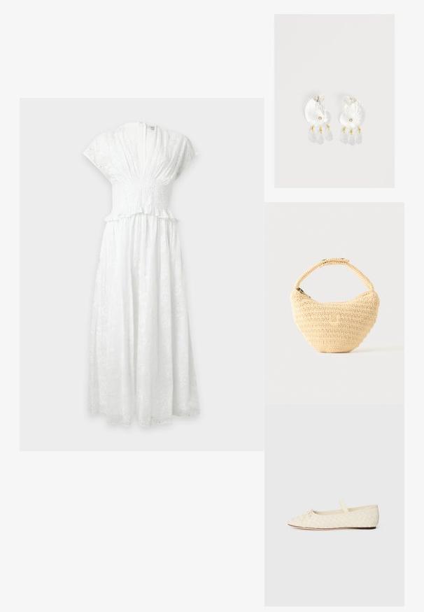 Robe midi blanche en dentelle ajourée avec manches courtes, décolleté en V profond, taille froncée et détail à volants à la taille.; Ballerines en matériau tissé crème, à bout pointu, avec un petit nœud à l'avant et une bride sur le dessus. Semelle plate.; Sac à main beige tissé avec corps arrondi, fermeture éclair et une sangle courte et épaisse dans un style crochet simple et texturé.; Boucles d'oreilles en résine transparente en forme de coquillage avec de petits accents dorés et trois breloques translucides en forme de goutte pendantes sur chaque boucle d'oreille.
