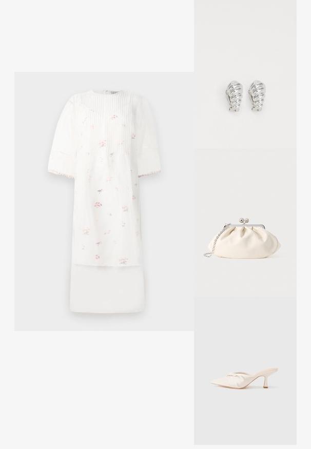 Robe blanche avec de courtes manches bouffantes, ornée de plis verticaux et de petits motifs floraux roses. Fabriquée en tissu léger avec un design superposé.; Chaussure mule en tissu beige clair avec un design noué à l'avant, bout pointu et talon fin et effilé. Texture lisse dans l'ensemble.; Pochette en tissu crème avec un design froncé, cadre en métal argenté, deux boules décoratives, et une bandoulière chaîne argentée.; Boucles d'oreilles en clip argentées avec un design en spirale, présentant une texture métallique lisse et des formes arrondies. Pas d'embellissements ou de motifs visibles.