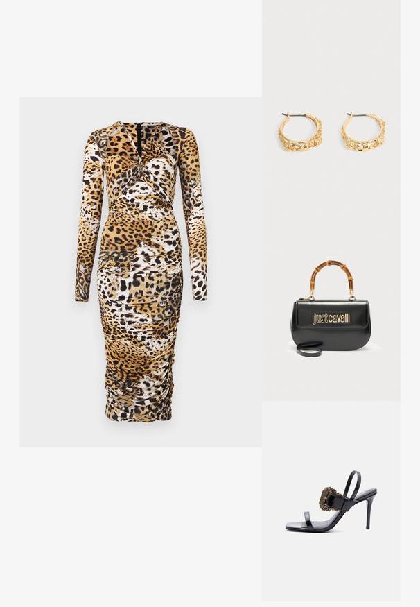 Vestido de manga larga con estampado de leopardo, detalles fruncidos y escote redondo. Fabricado con una tela elástica, presenta una cremallera en la parte trasera.; Sandalia de tacón alto de charol negro con tiras delgadas y una gran hebilla dorada ornamentada en la tira frontal.; Bolso de cuero negro con el logo dorado "Just Cavalli" en el frente y asa curvada de bambú, con una correa larga desmontable.; Par de pendientes de aro en tono dorado con grabados ornamentales de flores y hojas sobre un fondo neutro.