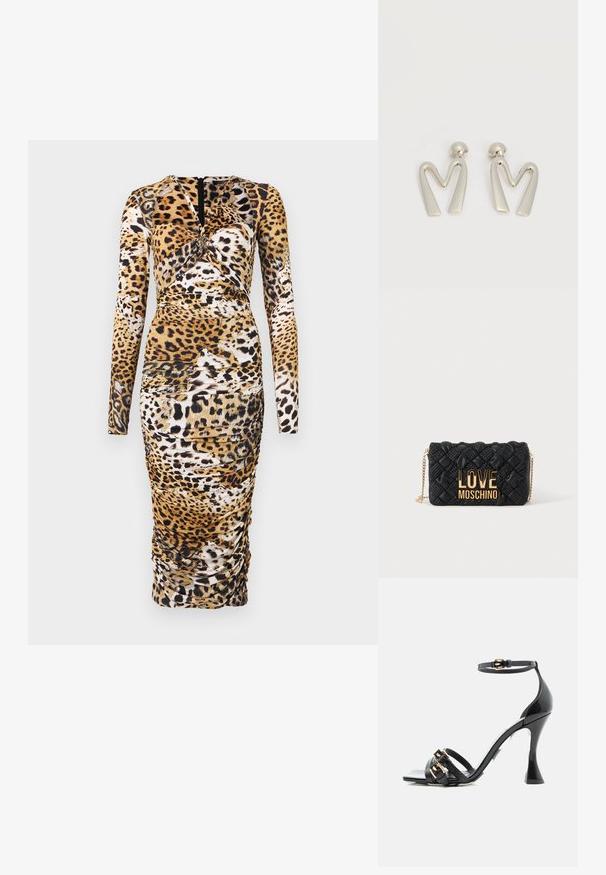 Vestido de manga larga con estampado de leopardo, detalles fruncidos y escote redondo. Fabricado con una tela elástica, presenta una cremallera en la parte trasera.; Sandalia de tacón alto de charol negro con correa en el tobillo y dos correas delanteras con detalles de hebilla dorada, vista lateral sobre fondo blanco.; Bolso bandolera negro acolchado con correa de cadena dorada y gran logo dorado "LOVE MOSCHINO" en el frente.; Par de pendientes de metal plateado con forma de letra M angular y postes redondeados sobre un fondo blanco.