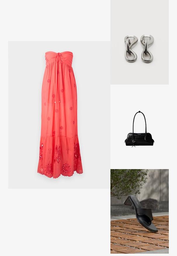 Korallenfarbiges, trägerloses Maxikleid mit gerafftem Oberteil, dekorativer Stickerei und Spitzensaum am Saum mit floralen Ausschnitten.; Schwarze Calvin Klein Sandale mit Absatz und Zehenschlaufe auf einem Holzkachelfußboden im Freien neben einem Baum und einer Steinmauer.; Schwarze Umhängetasche aus krokodilstrukturiertem Leder mit langen Riemen und einem kleinen silbernen Logocharm an einem Riemen.; Paar silberfarbene Metallohrringe mit abstraktem ineinandergreifendem Schlaufen-Design auf weißem Hintergrund.