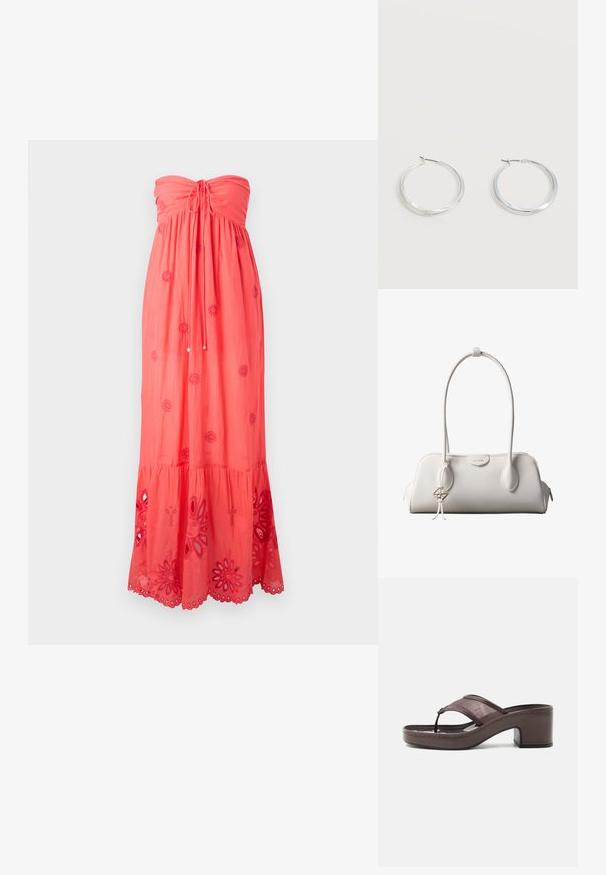 Vestido maxi sin mangas en color coral con cuerpo fruncido, bordados decorativos y encaje en el dobladillo con recortes florales.; Sandalia marrón con tacón, banda de malla y diseño de tira, con tacón cuadrado y suela cosida, mostrada de perfil sobre fondo blanco.; Bolso de hombro blanco de Calvin Klein con asas largas, forma rectangular, cierre de cremallera y charm decorativo con el logo colgando cerca del asa.; Pendientes de aro de metal plateado con superficie lisa y ligeramente curvada y cierre de tipo mosquetón sobre un fondo blanco liso.