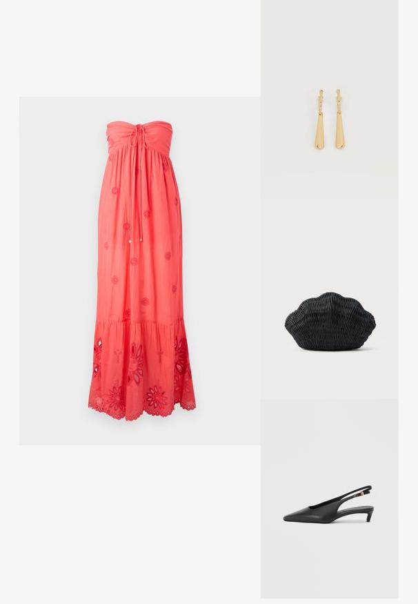 Korallenfarbiges, trägerloses Maxikleid mit gerafftem Oberteil, dekorativer Stickerei und Spitzensaum am Saum mit floralen Ausschnitten.; Schwarze Slingback-Pumps mit spitzer Zehe, glatter Lederoberfläche, niedrigem Kitten-Absatz und einem Riemen mit einem metallenen Schnallenakzent.; Schwarze Korbtasche in Muschelform mit gebogenem Oberteil und gewebter Textur auf einfarbigem Hintergrund.; Ohrhänger in Gold-Ton mit glatten, länglichen Tropfenanhängern, die an kleinen Creolenverschlüssen hängen, auf weißem Hintergrund.