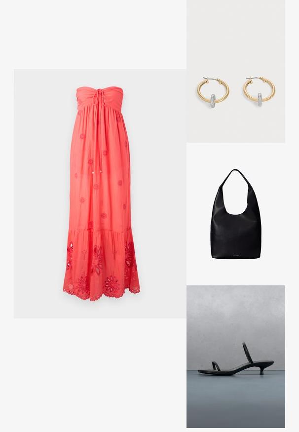 Korallenfarbiges, trägerloses Maxikleid mit gerafftem Oberteil, dekorativer Stickerei und Spitzensaum am Saum mit floralen Ausschnitten.; Schwarze Calvin Klein Sandalette mit dünnen Riemen und Absatz, balanciert auf Holzfliesen im Freien neben einer Wand und Grünpflanzen.; Schwarze Leder-Shopper-Tasche mit einem breiten einzelnen Schulterriemen und einem dezenten Calvin Klein-Logo in der unteren Mitte.; Paar goldfarbene Creolen mit kleinem silberfarbenem Schlaufen-Detail an jeder, vor hellem grauem Hintergrund präsentiert.