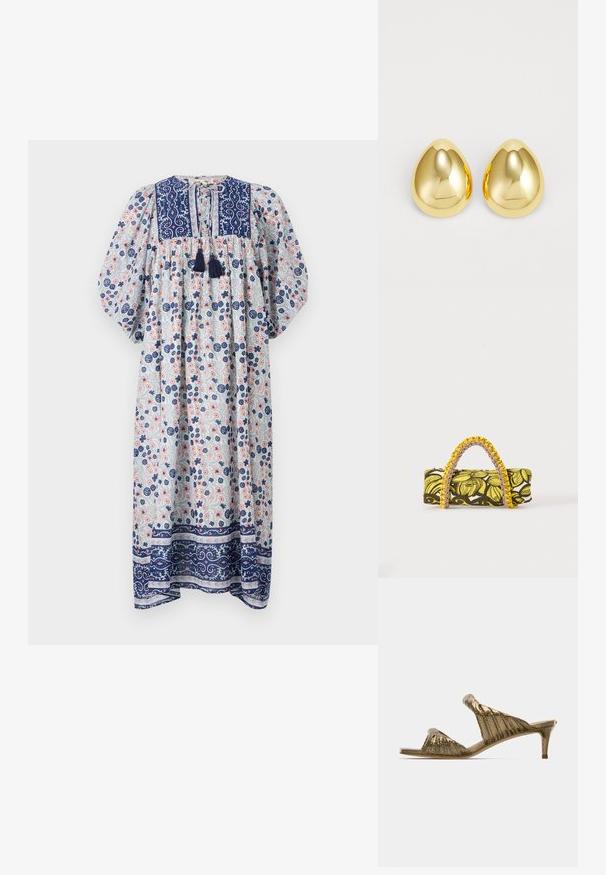 Vestido largo floral con escote redondo, mangas abullonadas y acentos en azul marino. Presenta una tela texturizada con patrones florales en azul y rosa.; Sandalias tipo slide con textura dorada, diseño plisado, puntera abierta y tacón bajo. Acabado suave con un ligero brillo.; Bolsa rectangular con patrón floral en amarillo y negro y asa trenzada amarilla y rosa sobre fondo blanco.; Pendientes de studs de color dorado con una superficie lisa y pulida en forma de lágrima, que reflejan la luz para un acabado brillante.