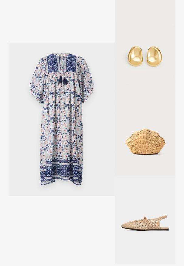 Vestido largo floral con escote redondo, mangas abullonadas y acentos en azul marino. Presenta una tela texturizada con patrones florales en azul y rosa.; Zapato plano beige tejido con tejido abierto, puntera cerrada y puntiaguda, y tira trasera, con un pequeño cordón ajustable en la parte superior.; Bolso de mano de ratán tejido con forma de concha de vieira, de color marrón claro natural y bordes redondeados y texturizados.; Pendientes de studs en color dorado con una forma suave y redondeada y una superficie reflectante, que exhiben un diseño minimalista y sin patrones visibles.