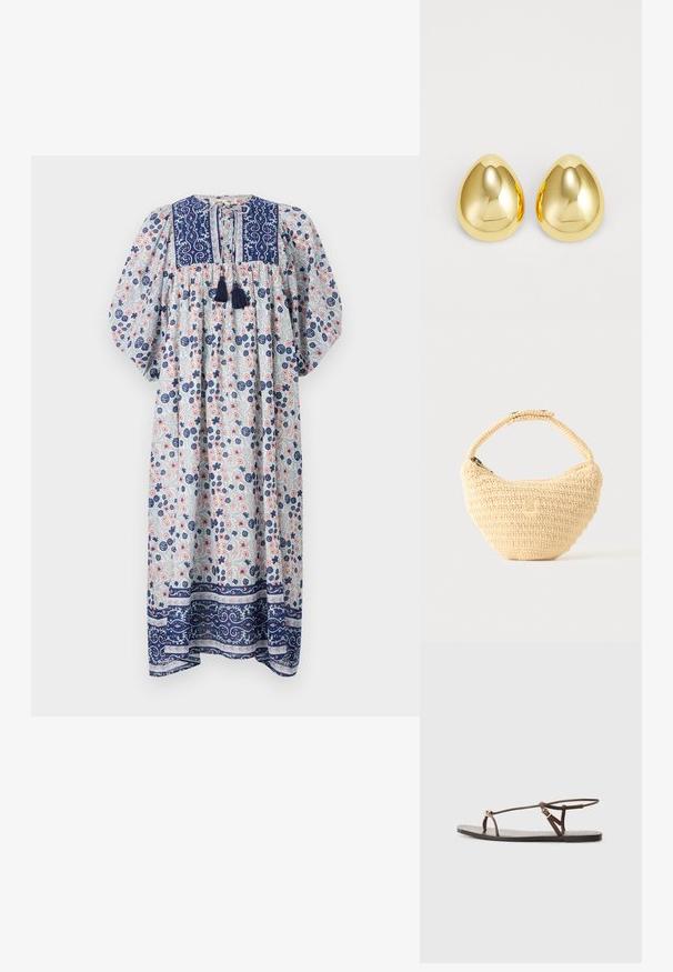 Vestido largo floral con escote redondo, mangas abullonadas y acentos en azul marino. Presenta una tela texturizada con patrones florales en azul y rosa.; Sandalia de cuero marrón con tiras finas, un acento circular dorado y suela plana. Diseño minimalista con un detalle de hebilla ajustable.; Bolso tejido beige con cuerpo redondeado, cierre de cremallera y una correa corta y gruesa en un estilo de crochet simple y texturizado.; Pendientes de studs de color dorado con una superficie lisa y pulida en forma de lágrima, que reflejan la luz para un acabado brillante.