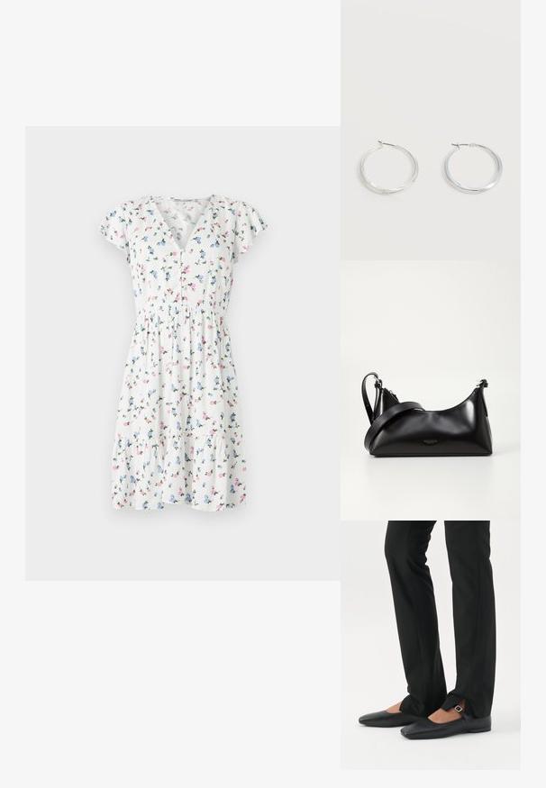 Vestido floral con una tela blanca y coloridos estampados florales, mangas cortas acampanadas, escote en V y cintura fruncida.; Piernas con pantalones ajustados negros con aberturas frontales en el dobladillo, combinados con zapatos planos Mary Jane negros con una pequeña correa con hebilla.; Bolso de mano de cuero negro con una textura suave. Cuenta con una correa ajustable y un diseño elegante y minimalista con cierre de cremallera.; Pendientes de aro de metal plateado con superficie lisa y ligeramente curvada y cierre de tipo mosquetón sobre un fondo blanco liso.