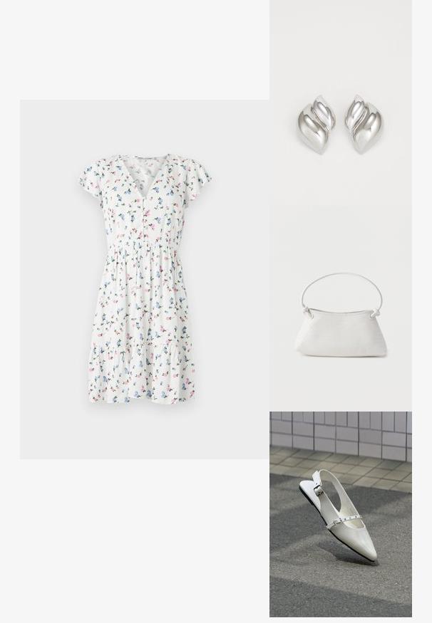 Vestido floral con una tela blanca y coloridos estampados florales, mangas cortas acampanadas, escote en V y cintura fruncida.; Zapato plano blanco con punta puntiaguda y diseño slingback con dos hebillas plateadas, mostrado al aire libre sobre un suelo texturizado y fondo de pared con azulejos.; Bolso de mano de cuero blanco tejido con asa redondeada y extremos de la correa anudados, exhibido sobre un fondo liso.; Pendientes de plata con una forma orgánica y abstracta. Superficie lisa y brillante con un diseño cónico. Presentan suaves curvas y un detalle de línea central.