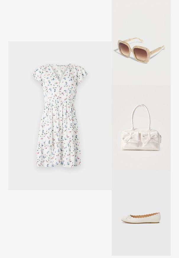 Vestido floral con una tela blanca y coloridos estampados florales, mangas cortas acampanadas, escote en V y cintura fruncida.; Bailarinas de cuero blanco con punta redonda, detalles en forma de ondas a lo largo del borde superior y un pequeño lazo decorativo en la parte delantera.; Gafas de sol cuadradas de carey beige con lentes de degradado marrón y el logo de ALDO en la varilla lateral, mostradas sobre un fondo blanco.; Bolso sintético blanco con dos bolsillos delanteros, cada uno con un detalle de lazo atado. Textura suave, asas redondeadas y cierre de cremallera.