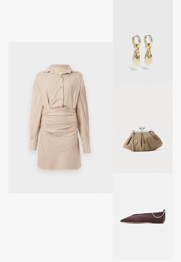Beige raitapaita-mekko, jossa on kaulus, napitettava etuosa, pitkät hihat ja gathered-tekstuuria vyötäröllä, jolloin se luo istuvan ilmeen.; Tummanruskea, kärjestä suippokärkinen matala kenkä, jossa on matala korko ja hopeinen strassiketjusomiste takana.; Pehmeäbeige nahkainen clutch-laukku pyöreällä muodolla, laskostetulla tekstuurilla, hopeisella kissalukolla ja irrotettavalla ketjuhihnalla.; Kultaiset renkaat korvakorut, joissa on linkitetty muotoilu ja sileät, pisaramaiset korostukset. Heijastava pinta lisää visuaalista viehätystä.
