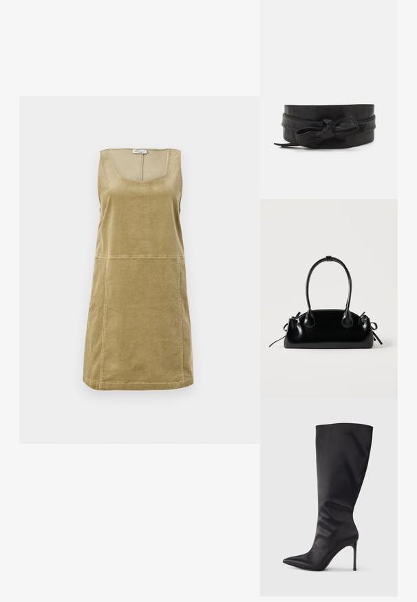 Vestido sin mangas de pana en verde oliva, con escote redondo, corte a la altura de la rodilla y sutil textura de canalé vertical.; Bota negra hasta la rodilla con tacón de aguja, hecha de material liso y elegante; punta puntiaguda; ajuste ceñido con un sutil fruncido cerca del tobillo; tacón brillante.; Pequeño bolso negro brillante con dos asas largas y detalles de cordón lateral sobre un fondo claro liso.; Cinturón de cuero negro con una textura suave, diseño de banda ancha, con un acento anudado en la parte frontal y una forma simple y elegante.