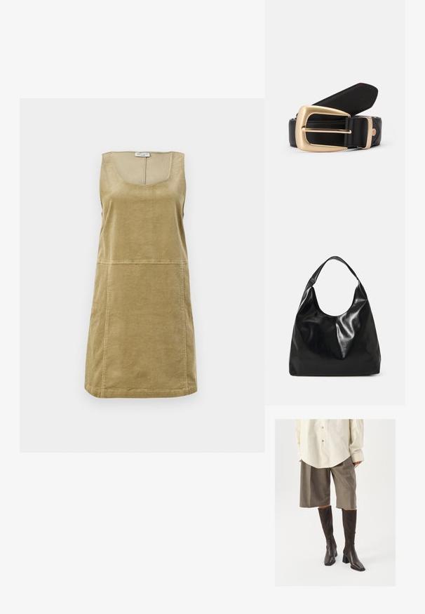 Vestido sin mangas de pana en verde oliva, con escote redondo, corte a la altura de la rodilla y sutil textura de canalé vertical.; Botas marrones hasta la rodilla con punta cuadrada y tacón ancho, combinadas con una camisa beige de gran tamaño y culottes marrones de cuadros.; Bolso hobo de cuero negro con una textura suave y brillante y un diseño de parte superior redondeada y abierta. Cuenta con una amplia correa curvada para llevar. Sin hardware visible.; Cinturón de cuero negro con una hebilla rectangular dorada. El cinturón presenta una textura suave y un sutil detalle de costura a lo largo de los bordes.