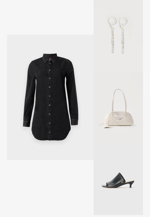 Vestido de camisa de denim negro de manga larga con cierre de botones en la parte delantera y collarete puntiagudo, con un dobladillo ligeramente curvado y puños cosidos.; Mules de cuero negro de punta abierta con un tacón bajo. Presentan una superficie lisa y un acento del logo dorado en el costado.; Bolso rectangular color crema para hombro con correas largas, logo "tommy jeans" en plateado en el frente, y una etiqueta colgante adjunta a la cremallera.; Pendientes colgantes de plata con cristales transparentes rectangulares y redondos en una línea vertical, asegurados con cierres tipo leverback.