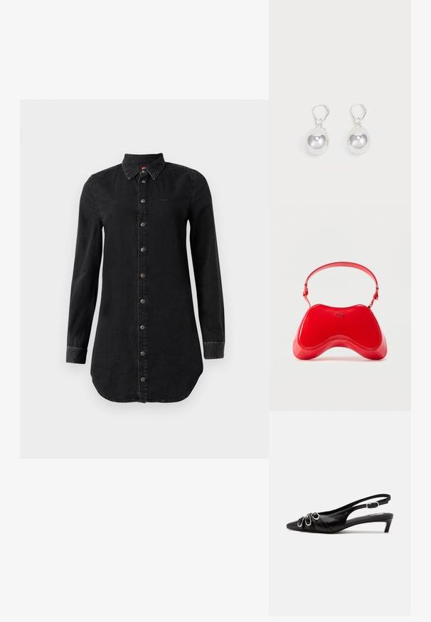 Zwart denim shirtjurk met lange mouwen, knoopsluiting aan de voorkant en een puntige kraag, licht gebogen zoom en gestikte manchetten.; Zwarte leren slingback schoen met puntige neus, drie zilveren gespen aan de voorkant en lage kittenhak op witte achtergrond.; Rode tas van lakleer met een gebogen, ergonomische vorm, voorzien van een dunne verstelbare band en een subtiel logo-accent aan de voorkant.; Zilveren druppeloorbellen met gladde, ronde, reflecterende oppervlakken die hangen aan klapring-sluitingen. Achtergrond is puur wit.