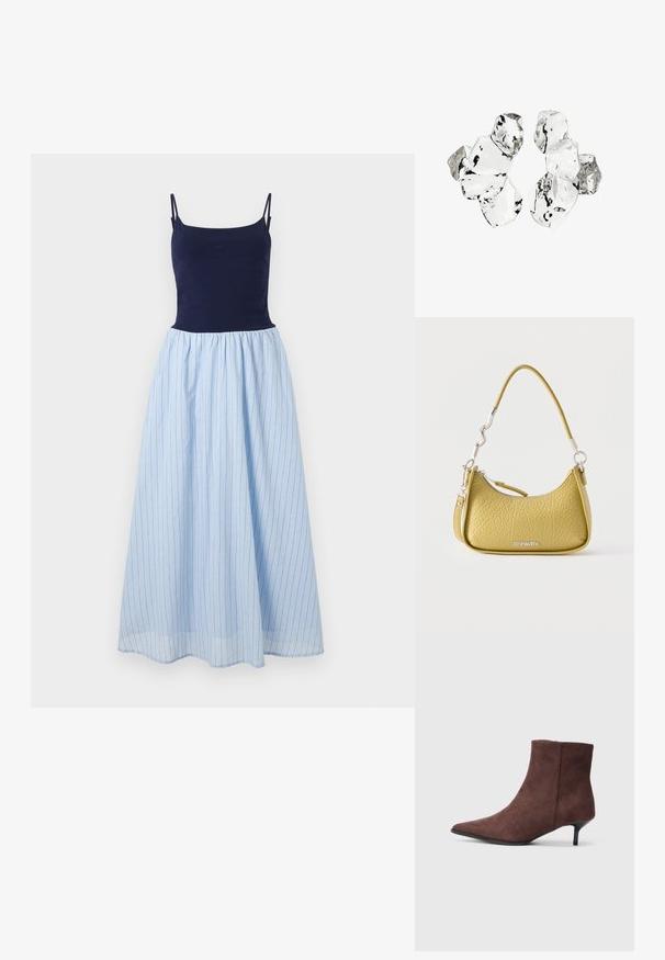 Ärmelloses Kleid mit einem enganliegenden marineblauen Oberteil und einem fließenden hellblauen gestreiften Rock. Der Rock hat vertikale Streifen und einen gerafften Taillenbund.; Braune Wildleder-Stiefeletten mit spitz zulaufender Schuhspitze und schlankem, schwarzem Absatz. Sie zeichnen sich durch eine glatte Textur und ein schlichtes Design aus.; Kleine strukturierte gelbe Handtasche mit geschwungenem Reißverschluss am oberen Rand, kurzem wellenförmigem Griff, abnehmbarem Riemen und silbernem Steve Madden-Logo.; Cluster von sechs unregelmäßig geformten, transluzenten und reflektierenden glasähnlichen Stücken, angeordnet auf weißem Hintergrund.