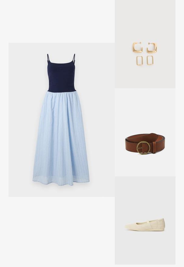 Ærmeløs kjole med en tæt passende marineblå top og en svajende lyseblå stribet nederdel. Nederdelen har lodrette striber og en gathered talje.; Lysebrune ballet flats med en glat læderoverflade, mandelformet tå og elastisk rem over vristen, med diskrete syninger.; To par guldfarvede geometriske hoop-øreringe på en ensfarvet hvid overflade, et par firkantede og solide, et par rektangulære og hule.; Brun læderbælte med en rund messingspænde, der har en glat overflade og kontrasterende syninger langs kanterne.