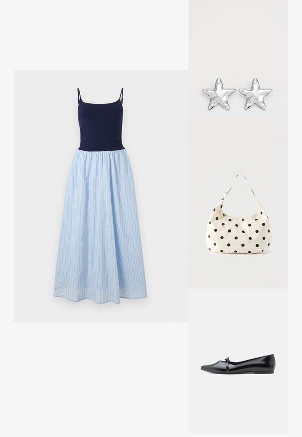 Mouwloze jurk met een fitted marineblauw top en een luchtige lichtblauwe gestreepte rok. De rok heeft verticale strepen en een geplooide taille.; Zwarte lakleren balletflat met een spitse neus, decoratieve riem en een gladde textuur. Minimalistisch ontwerp zonder zichtbare accenten.; Crèmekleurige stoffen handtas met zwarte polkadots en een enkele schouderriem, getoond tegen een effen witte achtergrond.; Zilveren stervormige oorbellen met een gepolijste, glanzende afwerking. Elke oorbel heeft vijf punten en subtiele textuurdetails op het oppervlak.