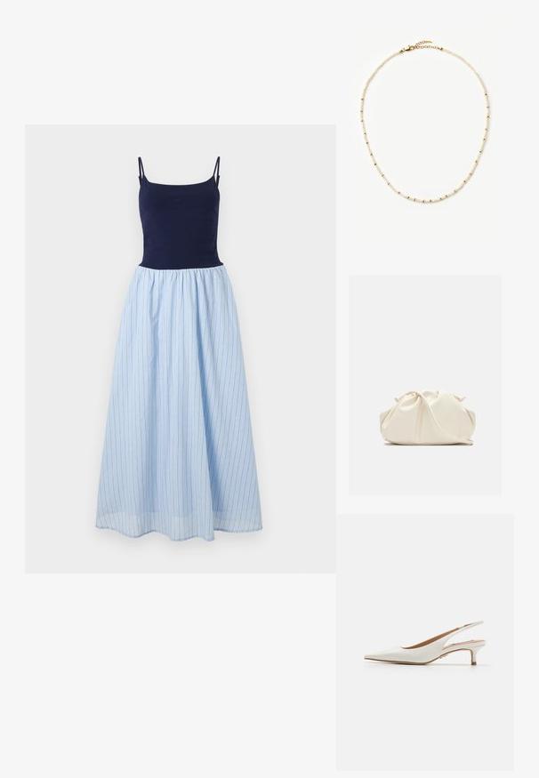 Mouwloze jurk met een fitted marineblauw top en een luchtige lichtblauwe gestreepte rok. De rok heeft verticale strepen en een geplooide taille.; Steve Madden KARI - Klassieke pumps - white; Zachte, crèmekleurige leren clutch met geplooid, gerimpeld ontwerp en een dunne schouderriem die vooraan op een effen achtergrond ligt.; Fijn kettinkje met kleine witte parels afgewisseld met piepkleine gouden kralen en een gouden karabijnsluiting met verstelbare ketting.