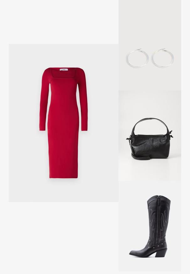Robe ajustée rouge à manches longues avec encolure carrée et jupe longueur cheville ; fabriquée en tissu lisse sans motifs ni embellissements visibles.; Bottes de cow-boy en cuir noir avec bout pointu, coutures apparentes, ornements à clous argentés et fermeture éclair sur le côté intérieur.; Sac à main en cuir noir au design structuré, avec une poignée arrondie et une bandoulière amovible. Présente une texture lisse et un éclat subtil.; Paire de boucles d'oreilles créoles argentées brillantes avec fermoirs en fil fin, présentée sur un fond gris clair.