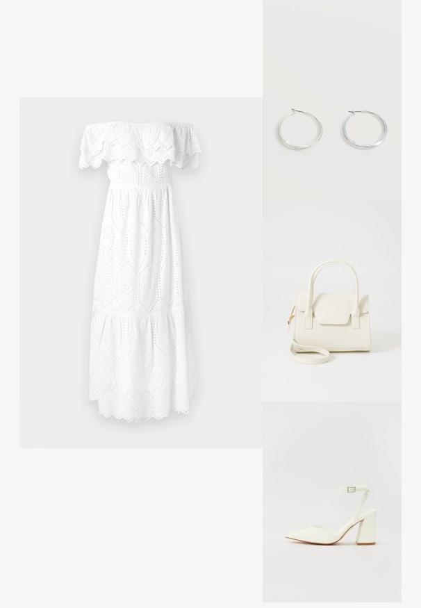 Weißes schulterfreies Kleid mit gezacktem Spitzenbesatz, besticktem Lochmuster und einem gestuften, fließenden Rock. Weiches Baumwollmaterial.; Weißer sandal mit Absatz und spitzem Zehenbereich, verstellbarem Knöchelriemen und chunky quadratischem Absatz. Glatte Textur mit minimalen Nähdetails.; Kleine weiße Handtasche mit doppelten Griffen, Frontklappe und abnehmbarem Schulterriemen mit goldener Schnalle vor weißem Hintergrund.; Silberne Metallcreolen mit glatter, leicht gebogener Oberfläche und Klappverschluss vor schlicht weißem Hintergrund.