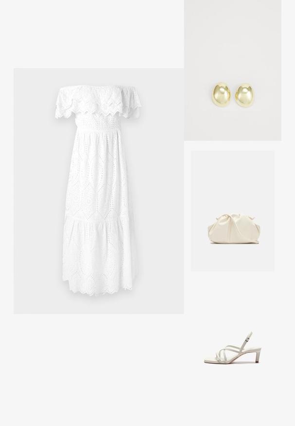 Biele off-the-shoulder šaty s vykrojeným čipkovým lemom, vyšívaným očkovým vzorom a vrstvenou, voľnou sukňou. Jemný bavlnený materiál.; Zign by Zalando Klasické lodičky na opätku - off white; Mäkká krémová kožená kabelka typu clutch so zošitým, nariaseným dizajnom a tenkým ramenným popruhom, ktorý je položený vpredu na jednofarebnom pozadí.; Náušnice so zlatým tónom, vyrobené z kovu, s hladkým, zaobleným tvarom a lesklým povrchom. Jednoduchý dizajn bez ďalších ozdôb.