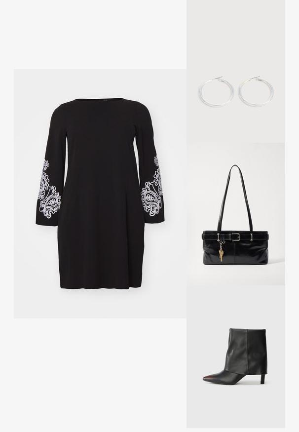 Vero Moda Curve VMCGIRA SHORT DRESS - Robe en jersey - black/white; Bottine noire en cuir lisse avec un bout pointu et un talon effilé. La tige présente un design légèrement froncé.; Osoi SHOULDER BROCLE - Sac à main - stone black; Paire de boucles d'oreilles créoles argentées brillantes avec fermoirs en fil fin, présentée sur un fond gris clair.