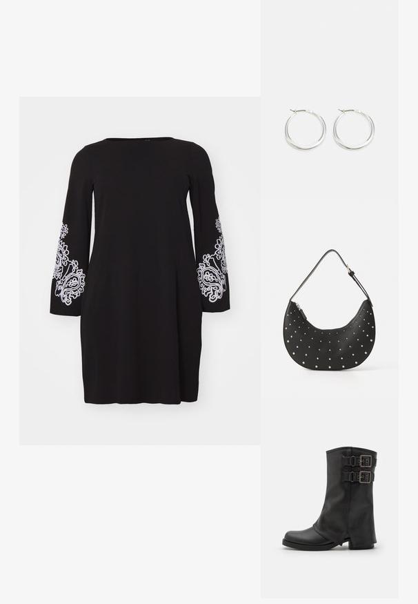 Vero Moda Curve VMCGIRA SHORT DRESS - Jerseyjurk - black/white; Even&Odd by Zalando Cowboy-/Bikerlaarzen - black; Zwarte leren handtas met een gebogen vorm, versierd met zilveren studs, voorzien van een ritssluiting en een enkele verstelbare schouderband.; Zilveren hoop oorbellen hebben een glad, rond ontwerp met een dun profiel en een veilige sluiting. Minimalistische stijl met een gepolijste afwerking.