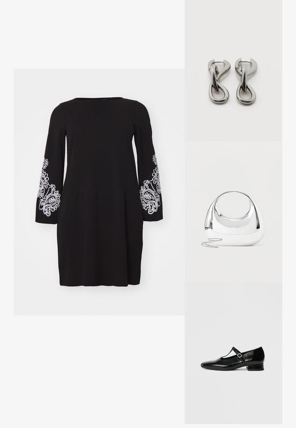 Vero Moda Curve VMCGIRA SHORT DRESS - Jerseykjole - black/white; Sorte Mary Jane-sko i læder med spids tå, lille blokhæl og justerbar rem med sølvspænde. Glat, blank tekstur.; Skinnende sølvfarvet metallisk håndtaske med rund form, ovalt udskåret håndtag og en sølvkæde som rem på en ensfarvet lys baggrund.; Par af sølvtonede metale øreringe med abstrakt sammenflettet løbedesign på hvid baggrund.