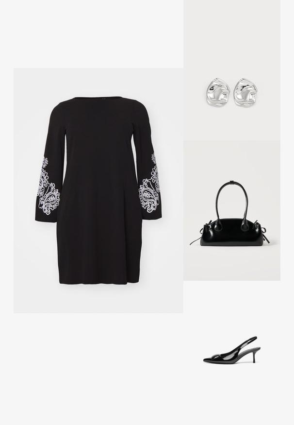 Vero Moda Curve VMCGIRA SHORT DRESS - Jerseykjole - black/white; Sorte laklæder slingback hæle med spidse tæer og en blank finish. Har en slank hæl og en rund detalje ved vampen.; Lille sort blank håndtaske med to lange håndtag og snøre-detaljer i siden på en ensfarvet lys baggrund.; Sølv abstrakte stud øreringe med en poleret finish, der har glatte kurver og subtile konturer. Ingen synlige mønstre eller accenter.