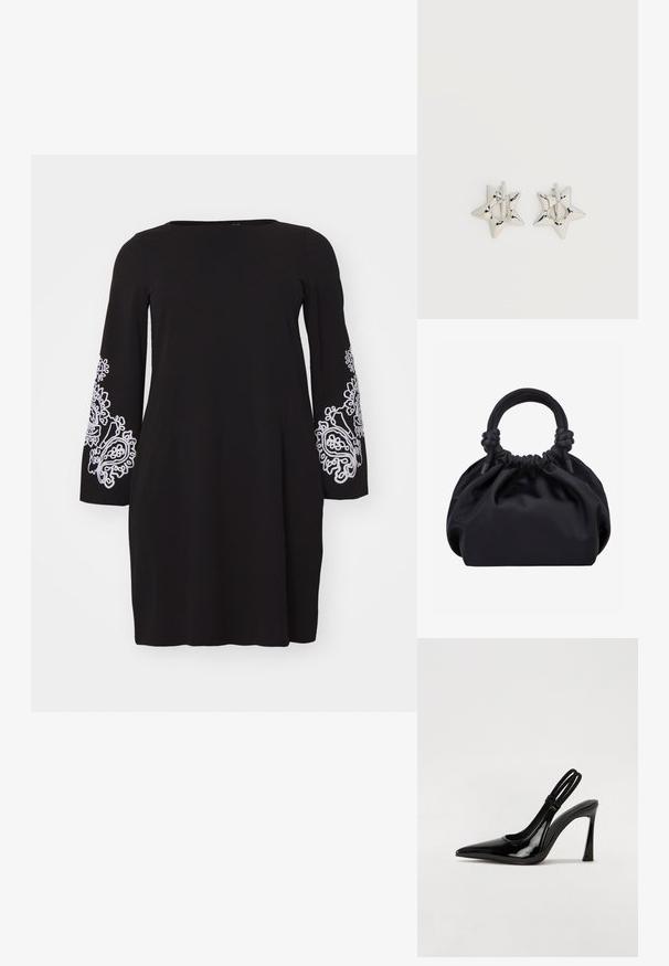 Vero Moda Curve VMCGIRA SHORT DRESS - Robe en jersey - black/white; Escarpin en cuir verni noir à talon aiguille, à bout pointu, avec une sangle élastique double pour un maintien sécurisé. Surface lisse et brillante.; Sac à main en tissu noir doux avec haut froncé et poignées circulaires rembourrées nouées de chaque côté.; Boucles d’oreilles créoles en forme d’étoile argentée avec une finition lisse et polie sur un fond blanc uni.