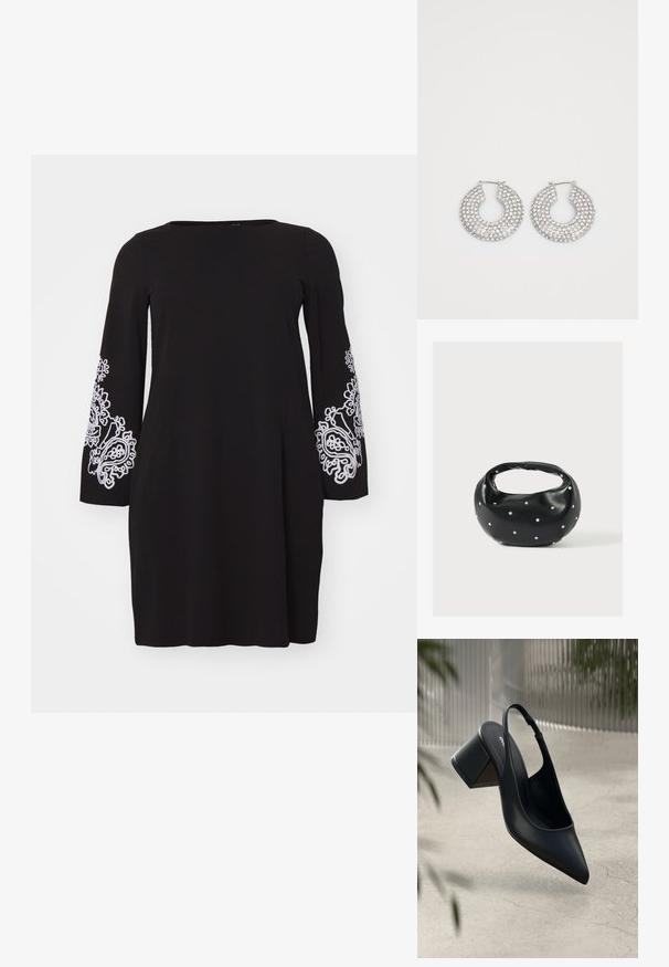 Vero Moda Curve VMCGIRA SHORT DRESS - Jerseykjole - black/white; Sort læder slingback hæl med spids tå og blokhæl. Glat tekstur, minimalistisk design og justerbar ankelrem.; Sort læderhåndtaske med en rundet form, dekoreret med sølvnitter, og et kort håndtag. Glat tekstur og lynlåslukning.; Sølvøreringe med flere klare krystaludsmykninger, med en struktureret overflade og et åbent rundt design.