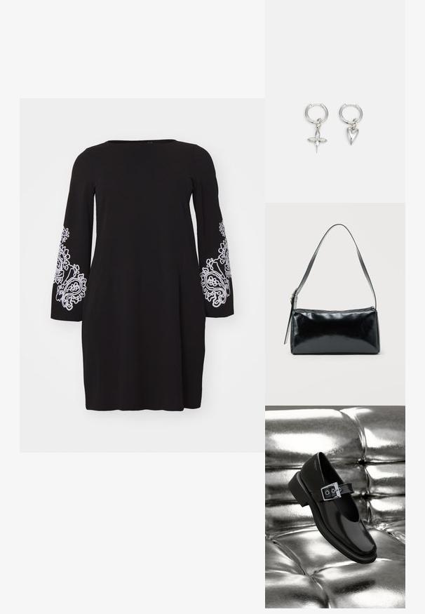 Vero Moda Curve VMCGIRA SHORT DRESS - Robe en jersey - black/white; Chaussure Mary Jane en cuir noir avec un bout carré, un accent de boucle en argent et un talon bas épais, sur un fond argenté brillant.; Sac d'épaule rectangulaire noir avec une sangle réglable unique et une fermeture éclair supérieure sur un fond uni.; Boucles d'oreilles en argent en forme de cerceau avec un charme croix et cœur. Texture lisse et brillante avec une finition polie. Chaque charmepend d'une boucle sécurisée.