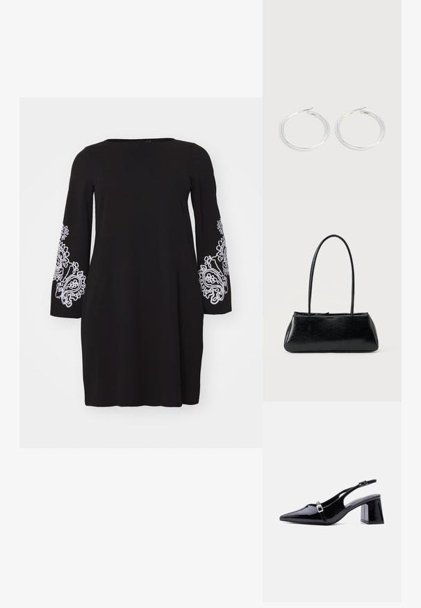 Vero Moda Curve VMCGIRA SHORT DRESS - Jerseykjole - black/white; Sort laklæder slingback-hæl med spids tå, lav blokhæl og to små sølvspænder på stropperne.; Sort rektangulær skuldertaske med lange tynde stropper og en glat, blank tekstur på en ensfarvet baggrund.; Par skinnende sølvøreringe med tynde trådlåse, vist på en lys grå baggrund.