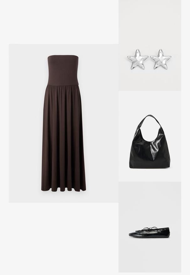 Schnurloses braunes Maxikleid aus weichem Stoff, mit einem taillierten Oberteil und einem fließenden, gerafften Rock für Bewegungsfreiheit.; Schwarze spitz zulaufende flache Schuhe mit Schnürung und Ösen entlang der Kanten, vor einem weißen Hintergrund präsentiert.; Schwarze Leder-Hobo-Tasche mit einer weichen, glänzenden Textur und einem runden, offenen Oberteil. Verfügt über einen breiten, gebogenen Tragegurt. Keine sichtbaren Beschläge.; Silberne sternförmige Ohrringe mit einer polierten, glänzenden Oberfläche. Jeder Ohrring hat fünf Spitzen und dezente Oberflächentexturdetails.